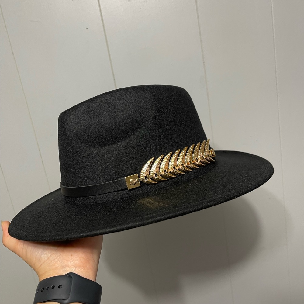 Black Fedora Hat with Gold Leaf Accent